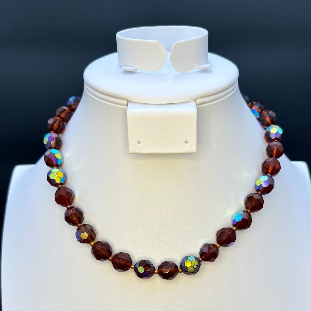 Vintage Aurora Borealis Glass Bead Necklace 17–18" Red Brown Faceted Beads 1980s
